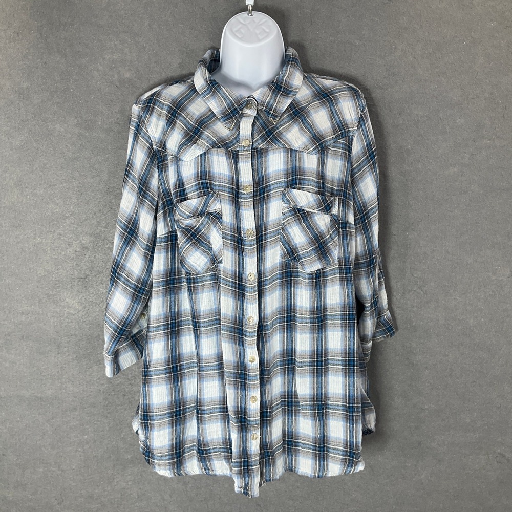 Democracy Plaid Button Down Shirt Cotton Roll Tab Sleeve Relaxed Fit Lightweight